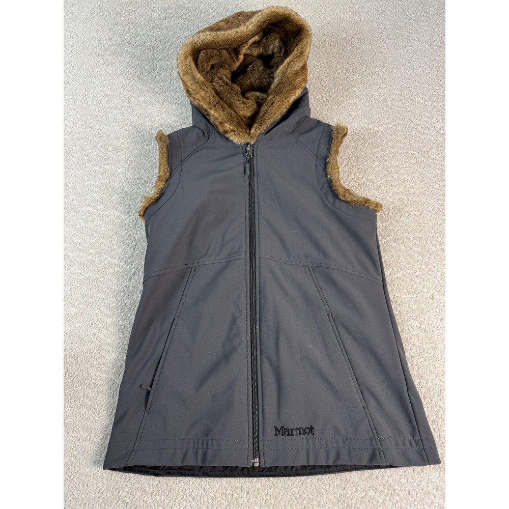 Marmot Vest Womens Medium Gray Faux Fur Hooded Softshell Sleeveless Jacket Cozy